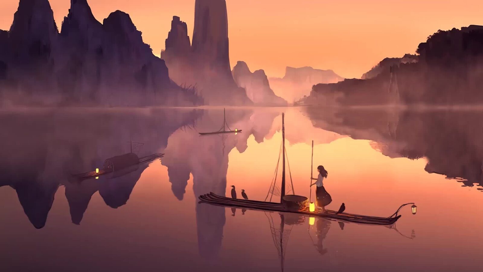 Serenity Lonely Anime Girl Boat Landscape - Live Wallpaper