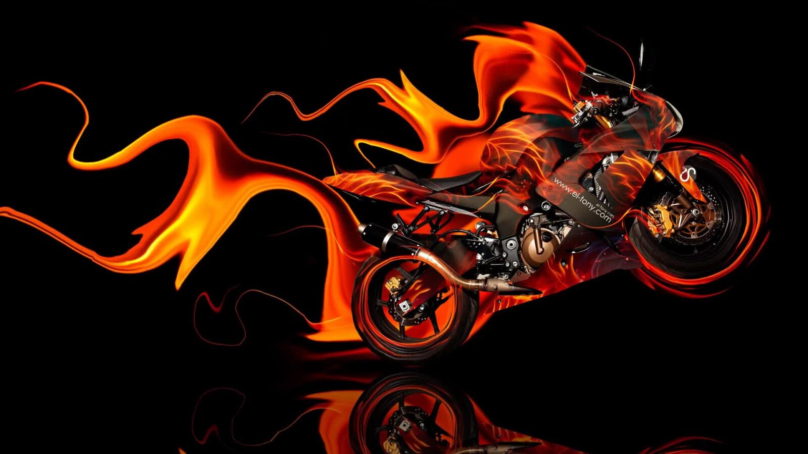 LiveWallpapers4Free.com | Moto Kawasaki In Fire Tony Kokhan - Free Live Wallpaper