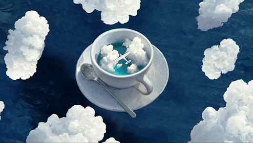Cup With Plane In Clouds Dark Blue Water