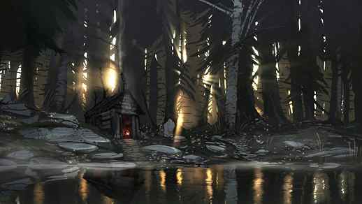 A Dense Fairy-Tale Forest a Hut and a Dark Lake