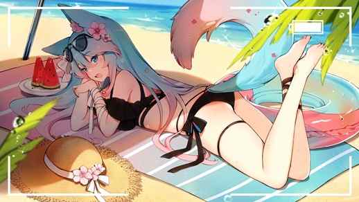 LiveWallpapers4Free.com | Silvervale Swimsuit VTuber Wolf-Girl with Fangs and Tail