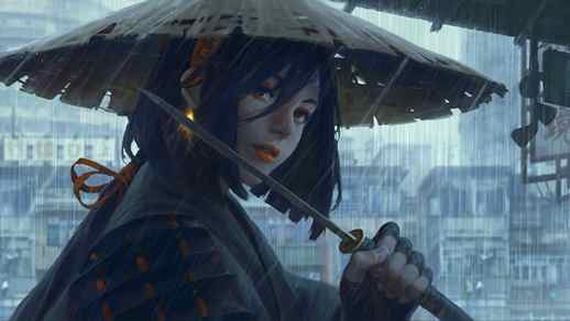 LiveWallpapers4Free.com | Travelling Ninja Girl / Katana / Rain