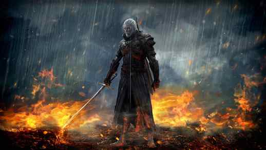 LiveWallpapers4Free.com | Witcher with Sword / Storm / Flames 4k Quality