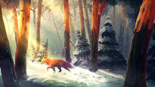 Fox Walking In The Winter Forest / Snowfall