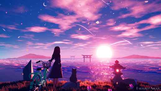 LiveWallpapers4Free.com | Anime Girl With Cat Looking Towards Sunset - Fantasy Live Wallpaper