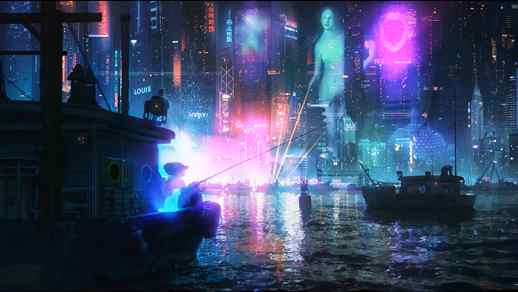 LiveWallpapers4Free.com | Fishing Boats / Cyberpunk Night City / Neon Lights 4K - Animated Background