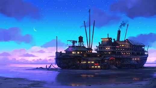 Fantasy Ship Hotel / Neon Welcome / 4K - Animated Desktop