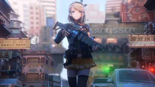 LiveWallpapers4Free.com | Cute Anime Girl Walking On The Street With a Gun 4K - Desktop Animated
