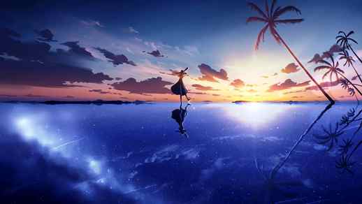 LiveWallpapers4Free.com | Anime Girl Walking On The Water Watching The Sunset 4K - Animated Theme