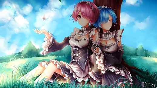 LiveWallpapers4Free.com | Sisters Ram And Rem Sitting Together Under The Tree Re:Zero 4K - Desktop Theme