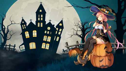 LiveWallpapers4Free.com | Anime Girl Sitting On Halloween Pumpkin near Dark Castle 4K - Live Wallpaper