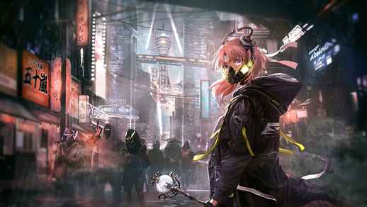 LiveWallpapers4Free.com | Girl with Mask and Magic Wand In Cyberpunk City 4K - Live Desktop Theme
