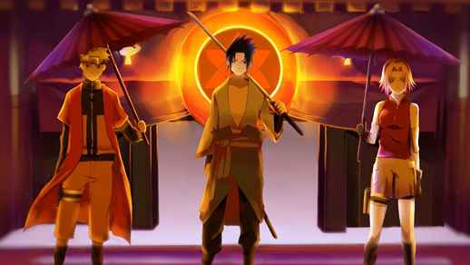 Naruto with Sasuke and Sakura with Umbrella 4K - Live Desktop