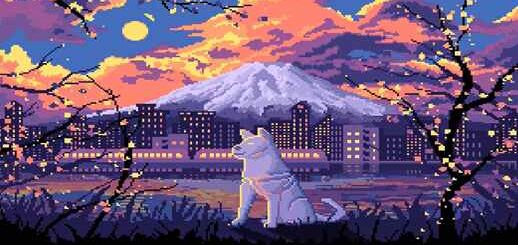 Hachiko | Pixel Dog | Sunset | Train | Mountains 4K