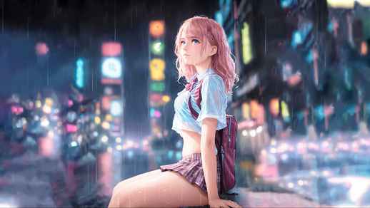 Cute Anime Girl with Blue Eyes in Rain 4K Quality
