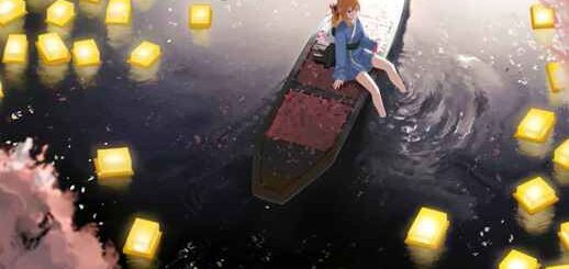 Sakura Boat River Lanterns Cute Anime Girl 4K Quality