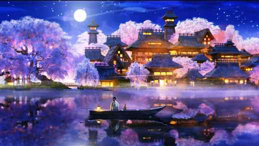Live Desktop Wallpapers | Sakura Village | Night | Lake and Boat with Girl and Cat 4K Quality