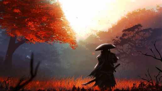 LiveWallpapers4Free.com | Samurai In The Autumn Forest | Leaf Fall | Fantasy
