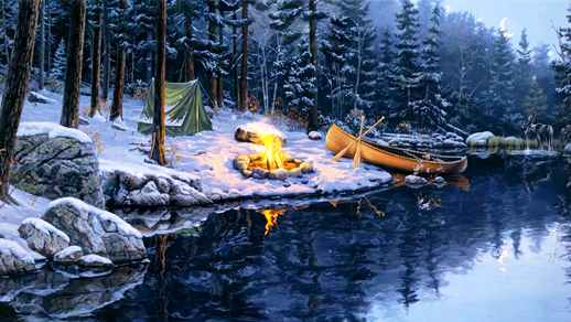 LiveWallpapers4Free.com | Winter | River | Campfire | Snowfall | Fantasy Landscape