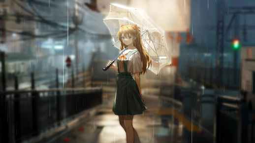 LiveWallpapers4Free.com | Asuka with Umbrella In The Rain | Neon Genesis Evangelion