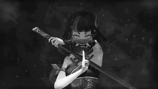 LiveWallpapers4Free.com | Oni Samurai | Anime Girl with Sword | Monochrome
