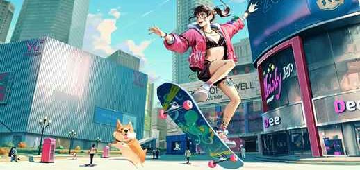 Cute Girl On A Skateboard | Dog | City
