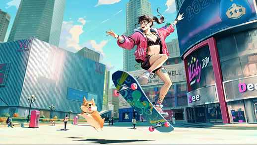 Cute Girl On A Skateboard | Dog | City