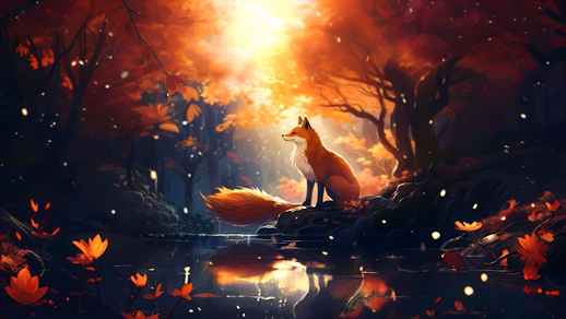 LiveWallpapers4Free.com | Fox | Golden Autumn | Forest | Pond