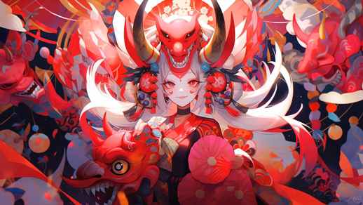 Red Oni Girl with Horns | Fantasy