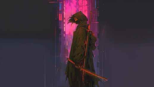 Cyberpunk Assassin Girl in a Hood and Two Katanas in her hands ...