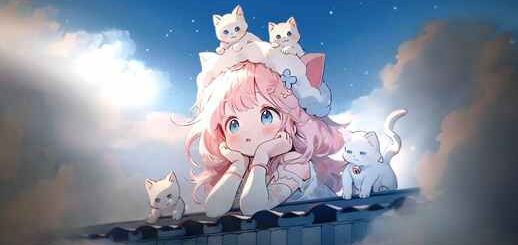 Anime Girl and Kitten In The Clouds