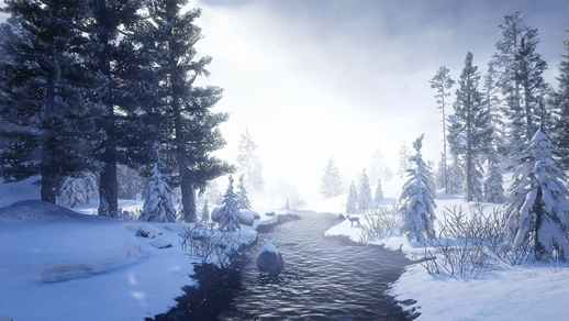 Winter Forest Snowfall and River