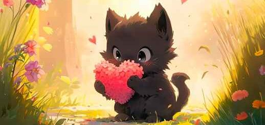 Cute Kitten Holds a Heart made of Flowers