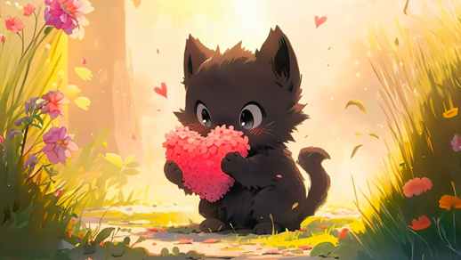 Live Desktop Wallpapers | Cute Kitten Holds a Heart made of Flowers