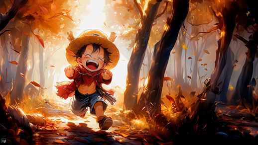 LiveWallpapers4Free.com | Luffy Kid | Joyfully Runs Through The Autumn Forest | One Piece