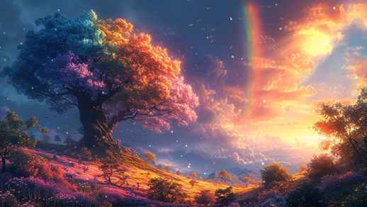 LiveWallpapers4Free.com | Fantasy Fable Tree on the Background of a Rainbow Sky