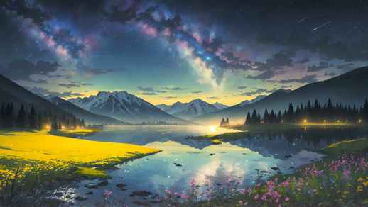Fantasy Peaceful Night Lake Landscape