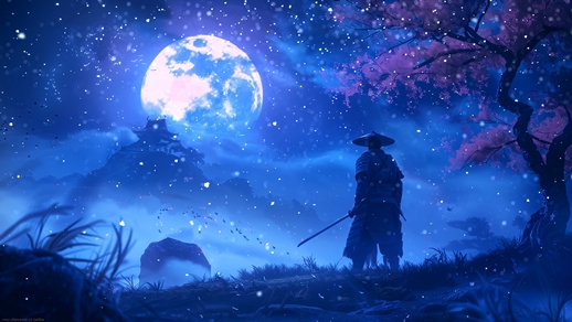 LiveWallpapers4Free.com | Lonely Samurai | Snowfall and Full Moon