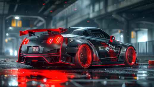 LiveWallpapers4Free.com | Black Nissan GTR | Rainy Night | Reflection in a Puddle