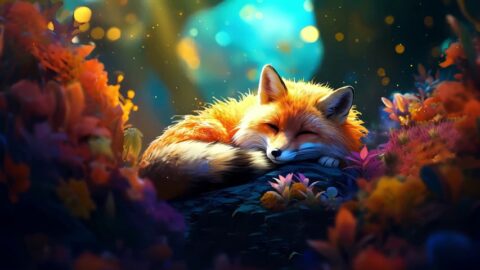 A Cute Sleeping Fox in a Magical Forest
