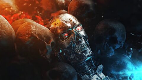 The Terminator Skull Robot with Red Eyes Flame 4K – Motion Desktop