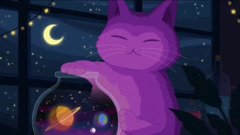 Purple Cat Multiverse Glass Flask Planets 4K Quality