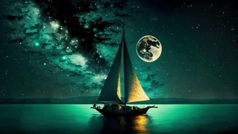A Lone Sailboat and a Full Moon
