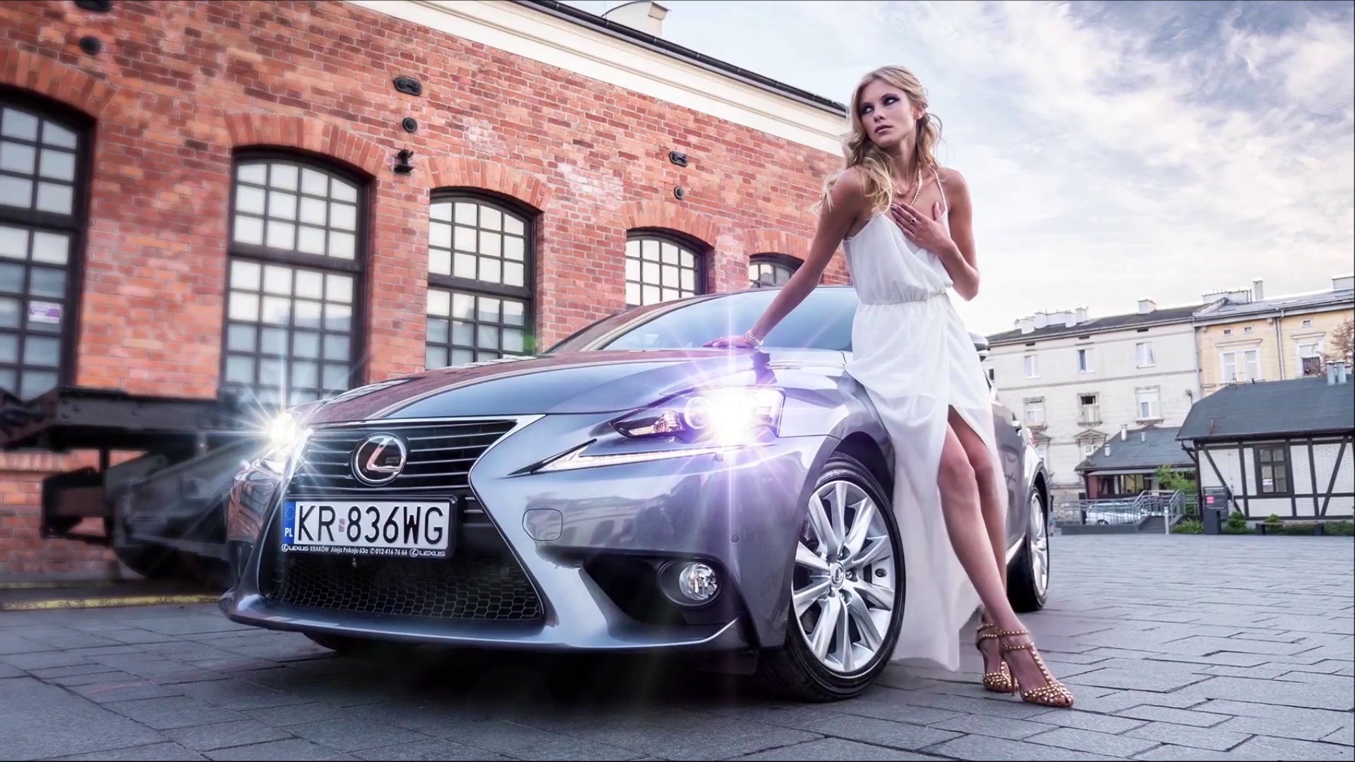 Beautiful blonde in a white dress and silver Lexus ...