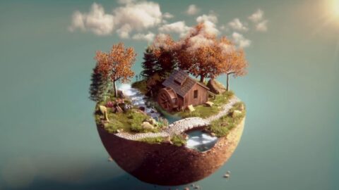 3D Fantasy World Wooden House Water Spinner
