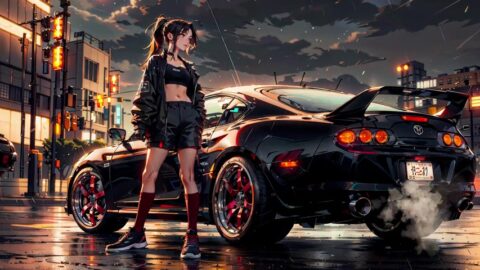 Cute Babe and Toyota Supra in Rain