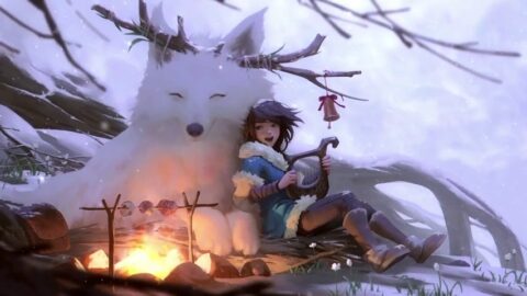 Cute Fantasy Girl Harp Snow Fox