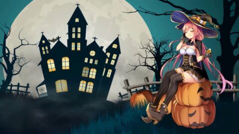 Anime Girl Sitting On Halloween Pumpkin near Dark Castle 4K – Live Wallpaper