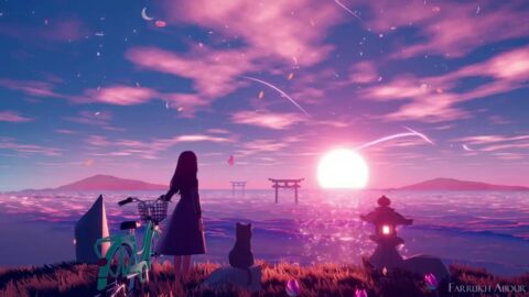 Anime Girl With Cat Looking Towards Sunset – Fantasy Live Wallpaper