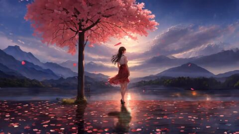 Girl and Sakura View | Fantasy Landscape